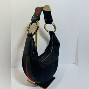 Gucci Black Crescent Shoulder Bag with Green & Red Stripe and Gold Bamboo Rings
